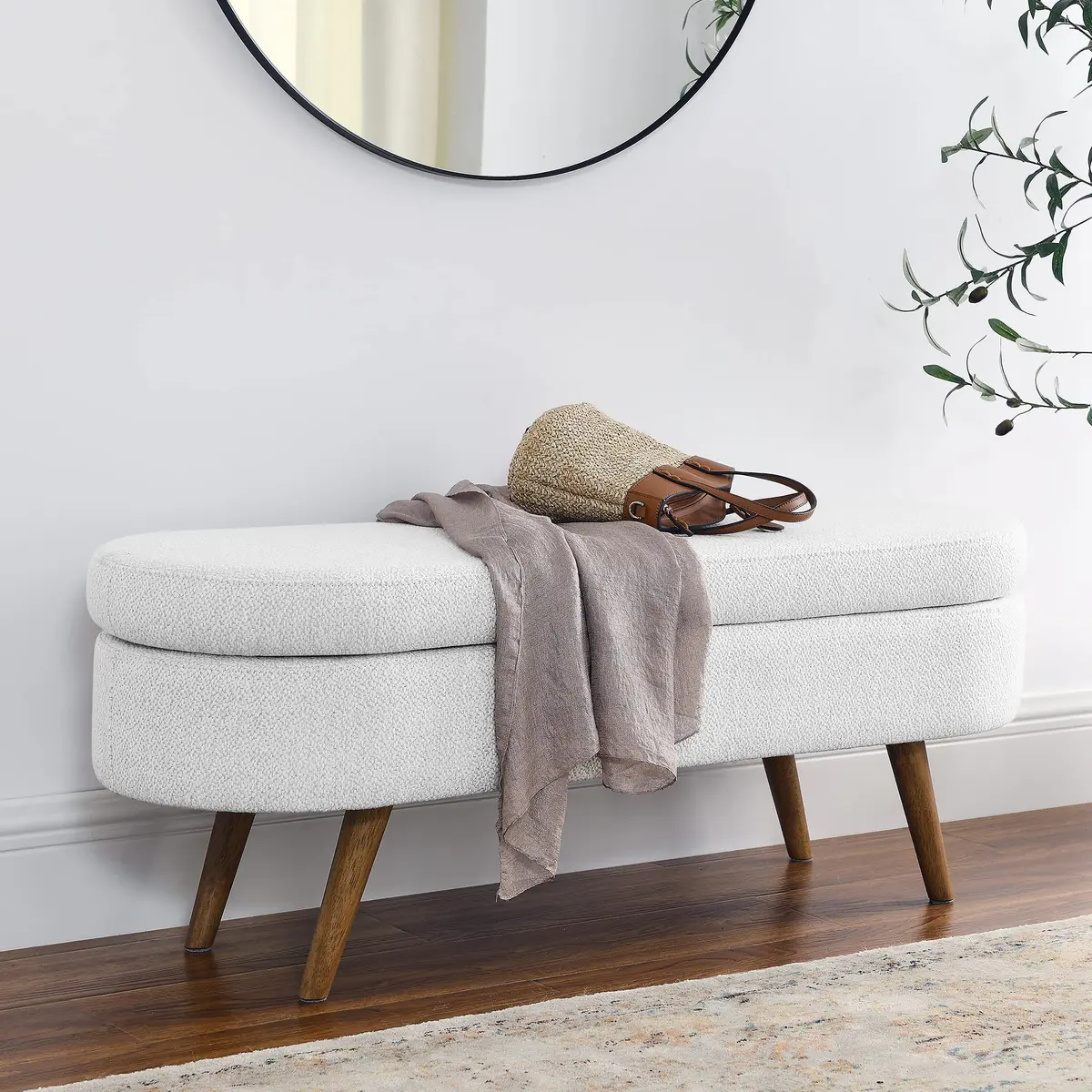 DESIGNER97 Elegant Upholstered Ottoman Oval Storage Bench with Rubber Wood Legs for Hallway Living Room Bedroom White (43.5" W x 16" D x 16" H) - main product image