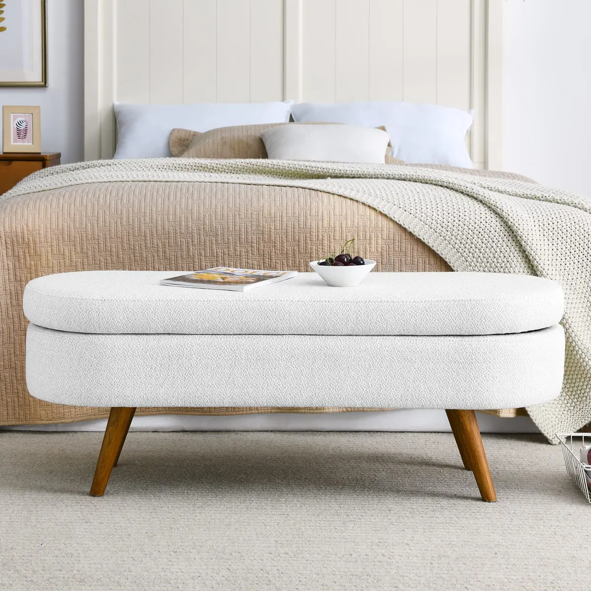 DESIGNER97 Elegant Upholstered Ottoman Oval Storage Bench with Rubber Wood Legs for Hallway Living Room Bedroom White (43.5" W x 16" D x 16" H) - view 5