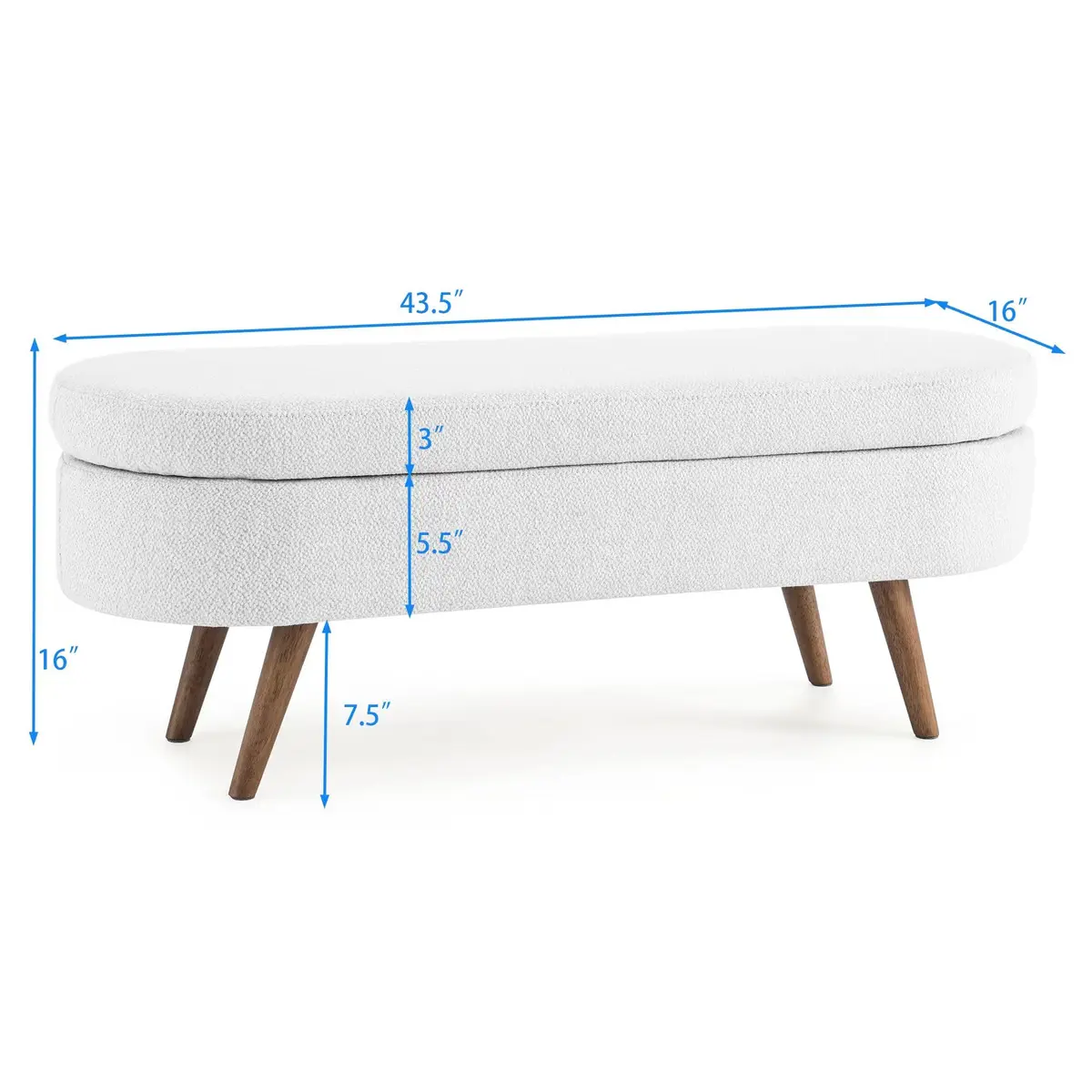 DESIGNER97 Elegant Upholstered Ottoman Oval Storage Bench with Rubber Wood Legs for Hallway Living Room Bedroom White (43.5" W x 16" D x 16" H) - view 6