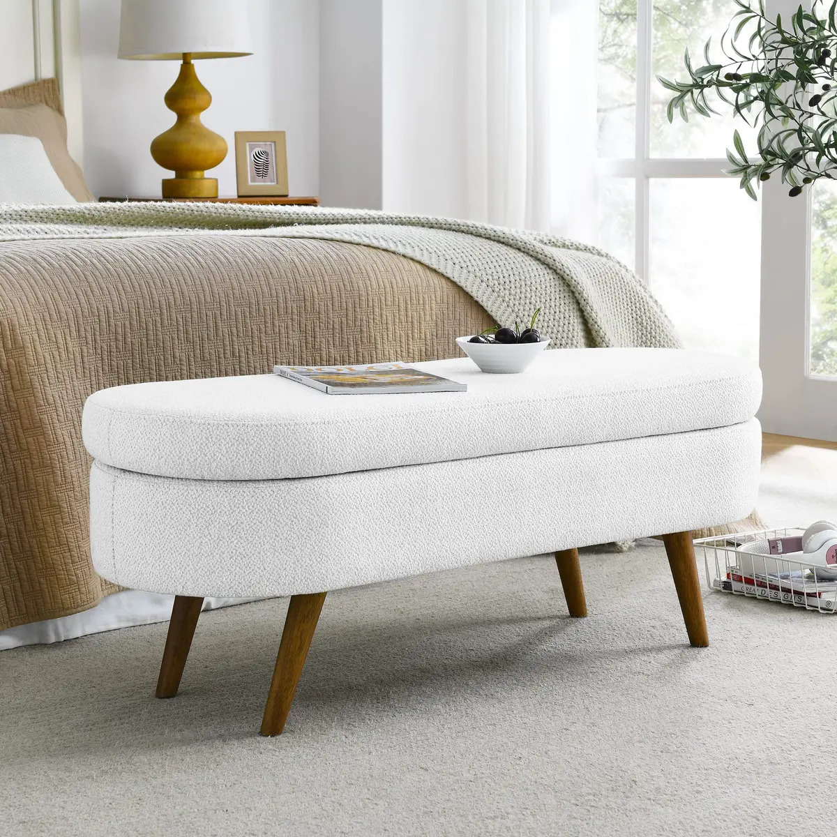 DESIGNER97 Elegant Upholstered Ottoman Oval Storage Bench with Rubber Wood Legs for Hallway Living Room Bedroom White (43.5" W x 16" D x 16" H) - view 2