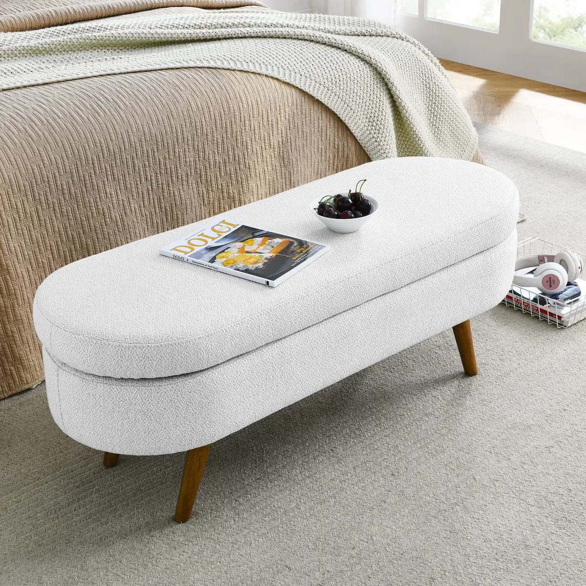 DESIGNER97 Elegant Upholstered Ottoman Oval Storage Bench with Rubber Wood Legs for Hallway Living Room Bedroom White (43.5" W x 16" D x 16" H) - view 3