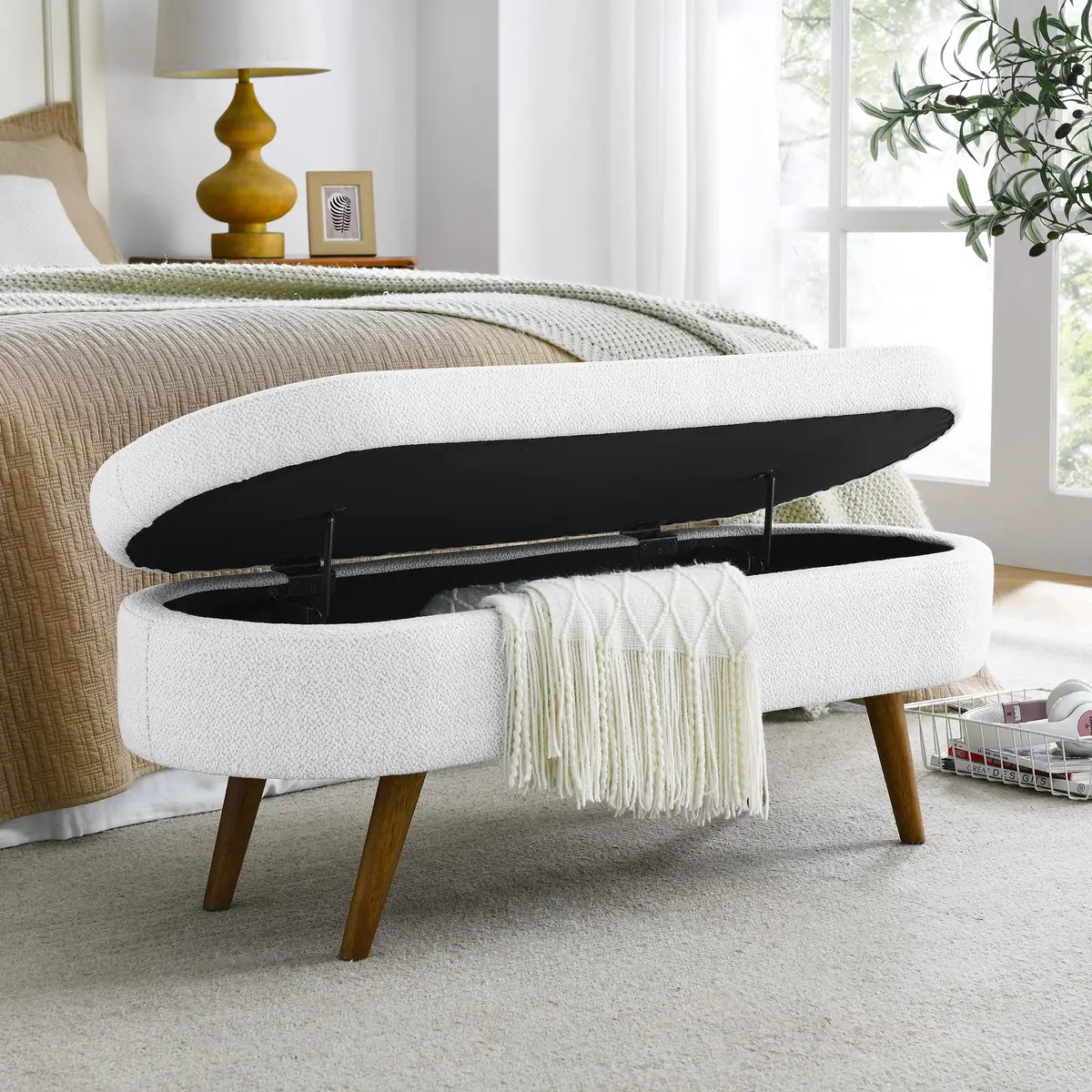 DESIGNER97 Elegant Upholstered Ottoman Oval Storage Bench with Rubber Wood Legs for Hallway Living Room Bedroom White (43.5" W x 16" D x 16" H) - view 4