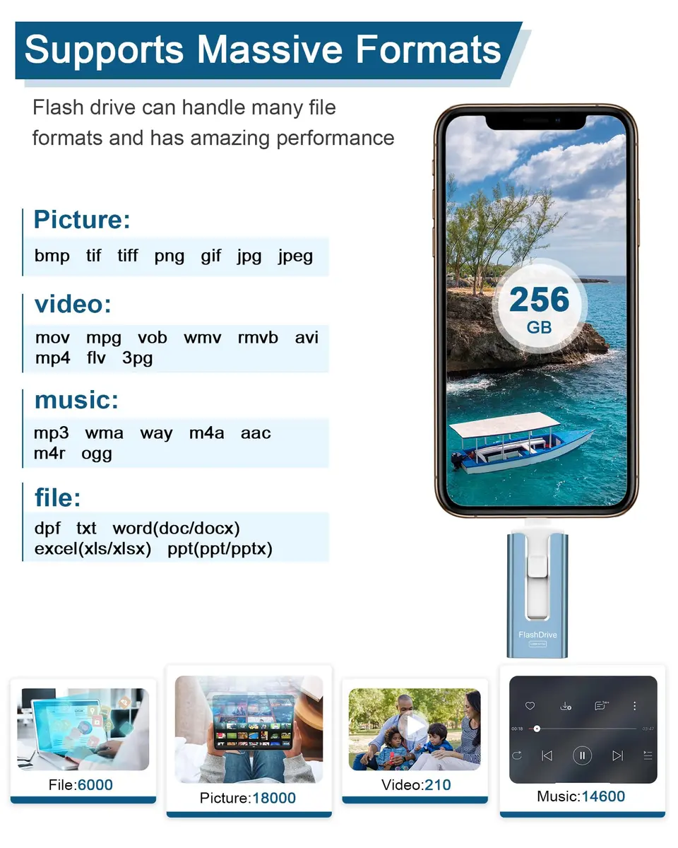 GNASEET 256GB USB Flash Drive for Phone and Pad | High-Speed External Memory Stick (Blue, 256GB) - view 7