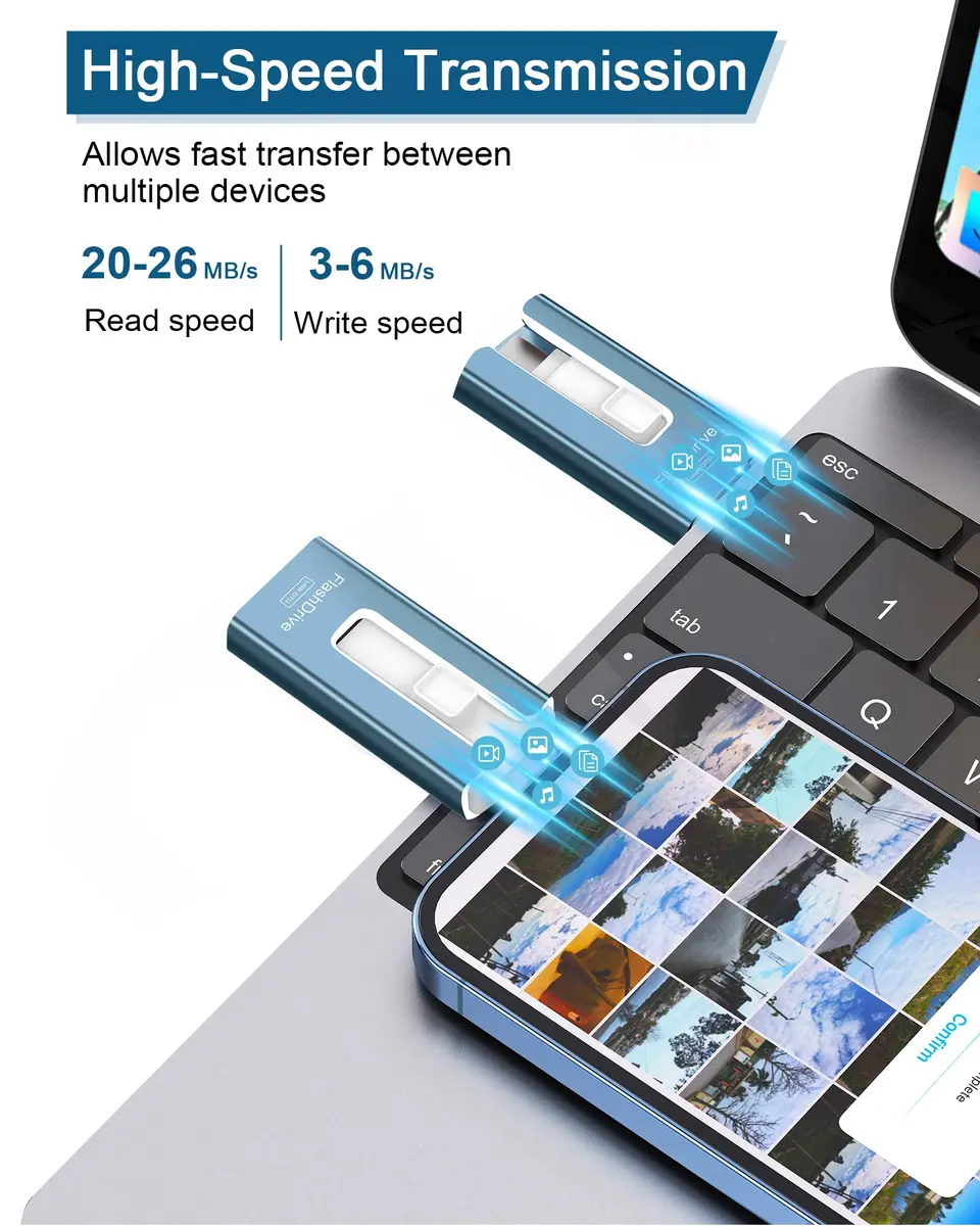 GNASEET 256GB USB Flash Drive for Phone and Pad | High-Speed External Memory Stick (Blue, 256GB) - view 3