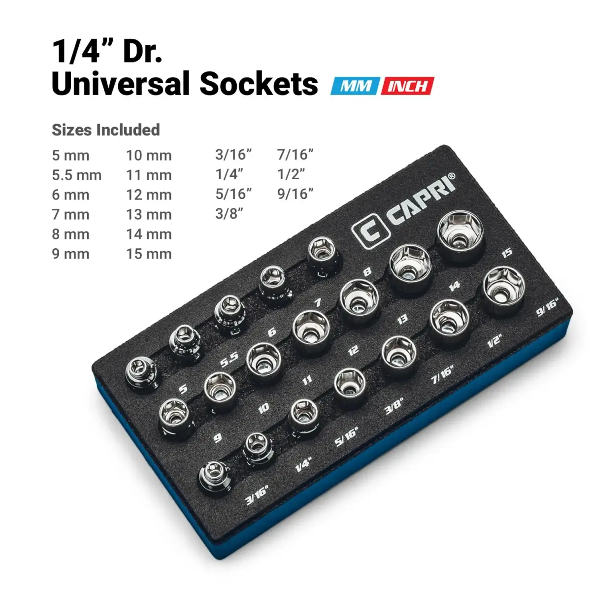 Capri Tools 1/4 in. Drive Master Universal Socket Set, 5-15mm (0.2-0.6 in) & 3/16-9/16 in. (0.19-0.56 in), 19-Piece - view 6