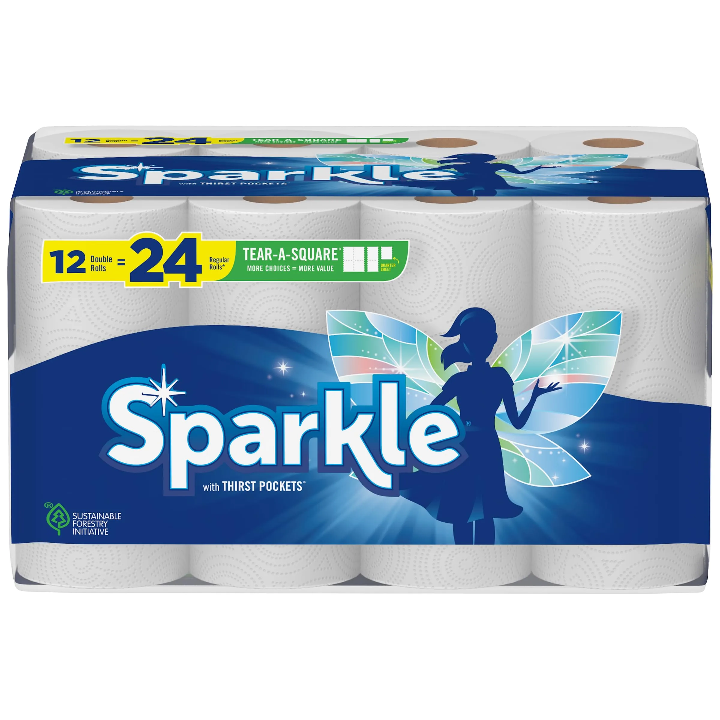 Sparkle Tear-A-Square Paper Towels, 12 Double Rolls = 24 Regular Rolls, White | Customizable Sheet Size Paper Towel - main product image