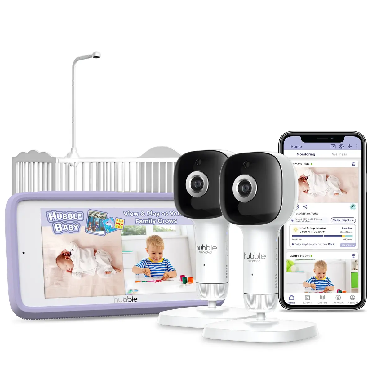 Hubble Connected SkyVision Pro Twin AI-Enhanced 2 HD Smart Camera Baby Monitors, Parent Unit, Mount, Remote Pan Tilt Zoom, 2-Way Talk, Night Vision, Nightlight, Soothing Sounds, Wellness Tracker, App - main product image