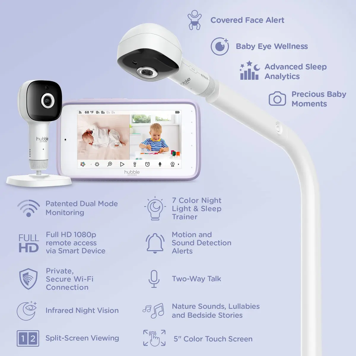 Hubble Connected SkyVision Pro Twin AI-Enhanced 2 HD Smart Camera Baby Monitors, Parent Unit, Mount, Remote Pan Tilt Zoom, 2-Way Talk, Night Vision, Nightlight, Soothing Sounds, Wellness Tracker, App - view 3