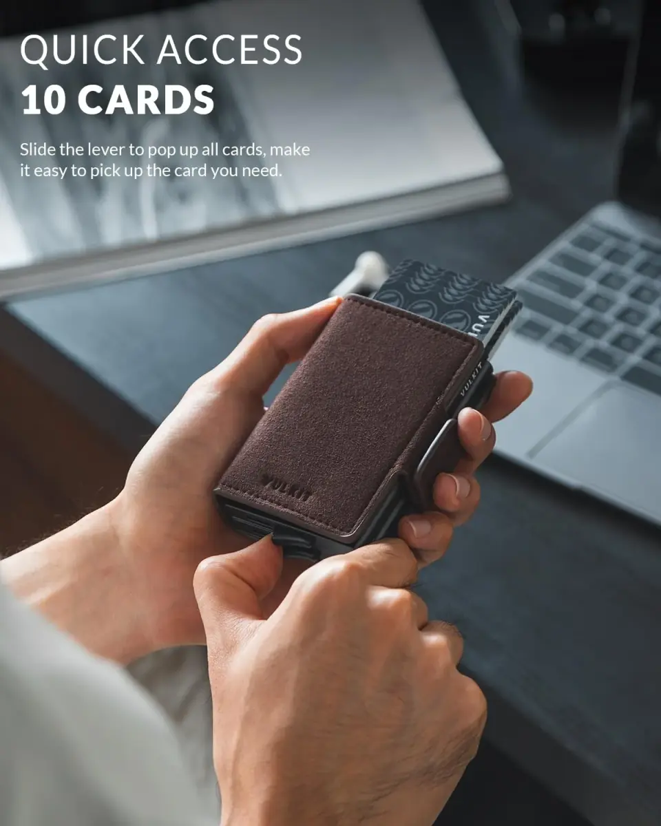 VULKIT Alcantara Brown Automatic Pop Up Double Card Holder RFID Blocking Leather Magnetic Wallet - view 2