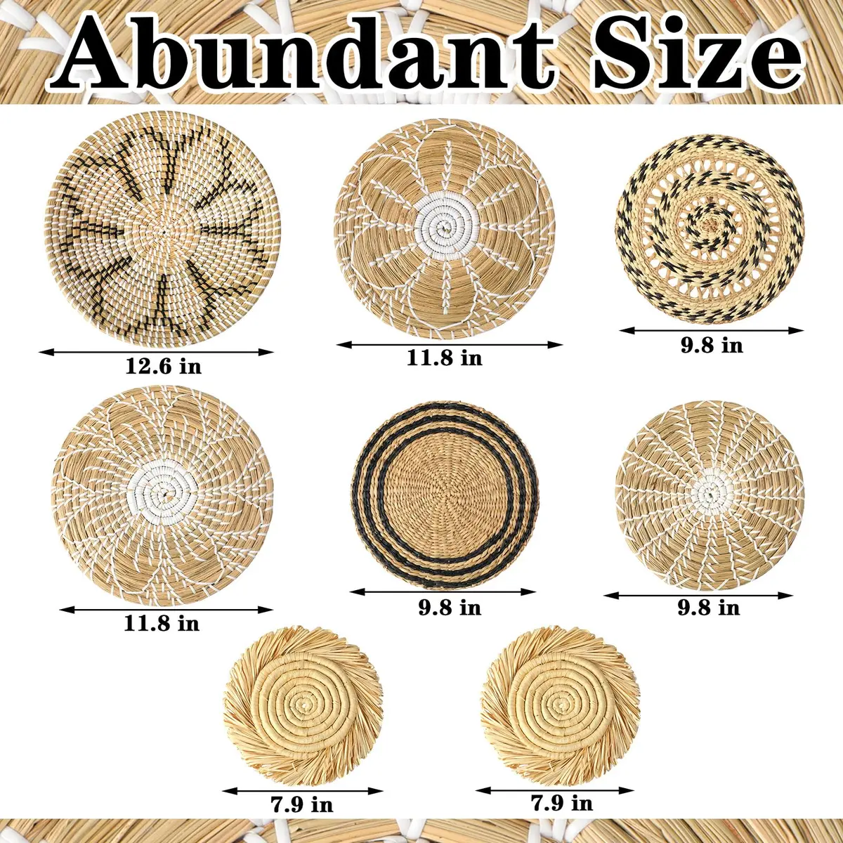 Xuhal 8 Pcs Boho Wall Basket Decor Set 17.8 cm - 32 cm | Hand-Woven Natural Aesthetic - view 4