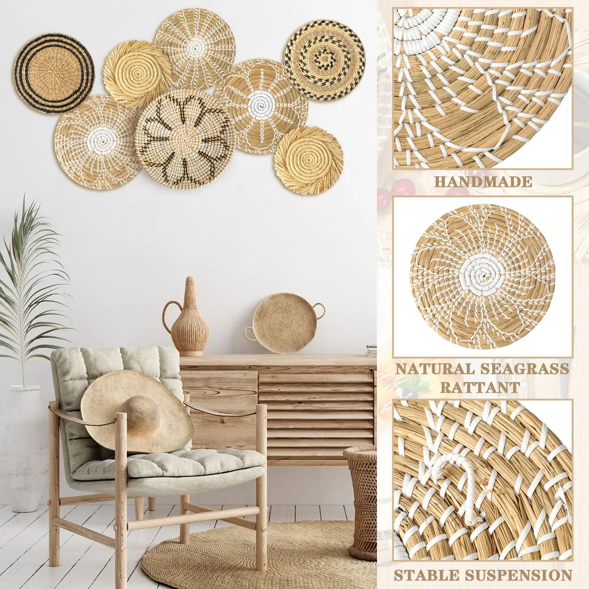 Xuhal 8 Pcs Boho Wall Basket Decor Set 17.8 cm - 32 cm | Hand-Woven Natural Aesthetic - view 5