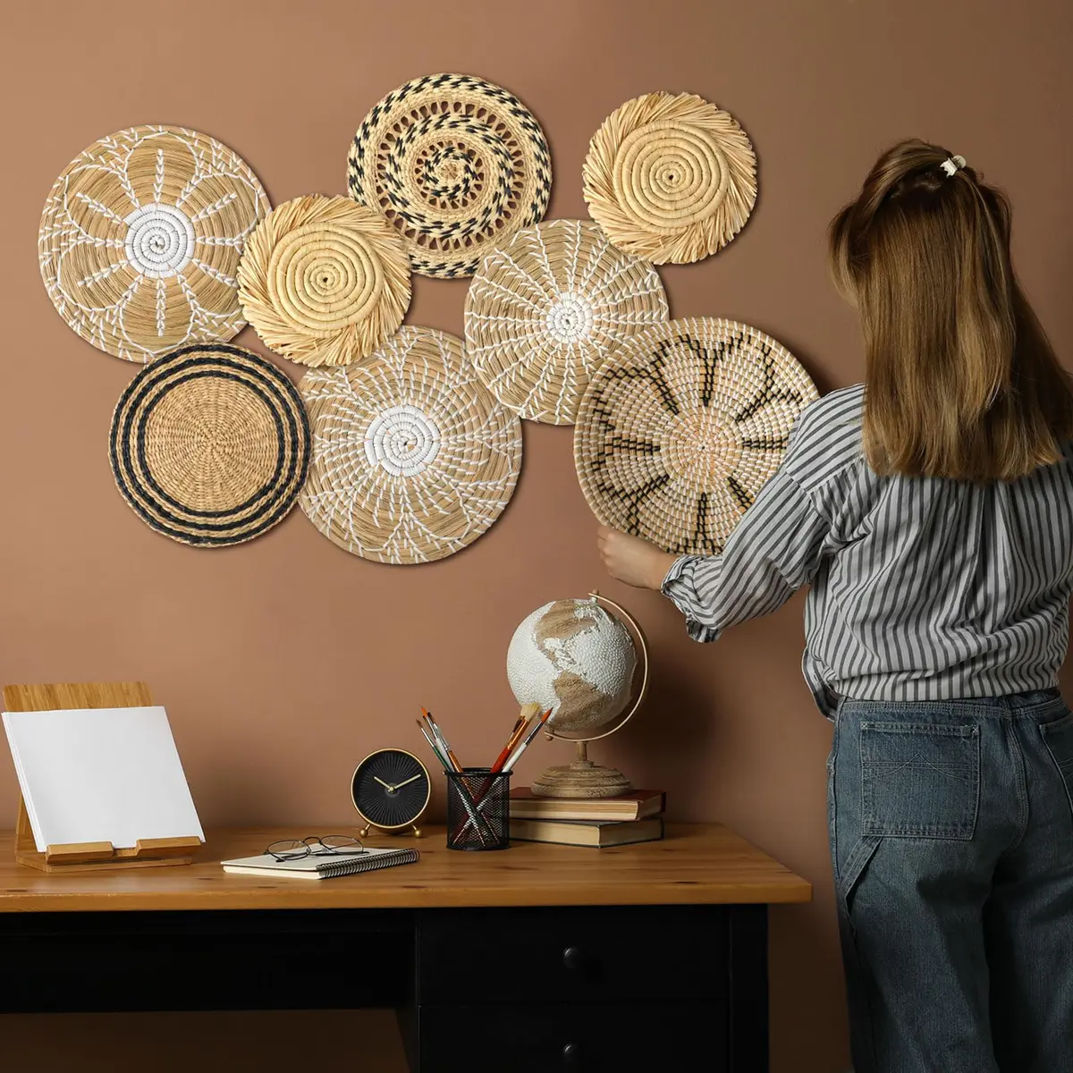 Xuhal 8 Pcs Boho Wall Basket Decor Set 17.8 cm - 32 cm | Hand-Woven Natural Aesthetic - view 2