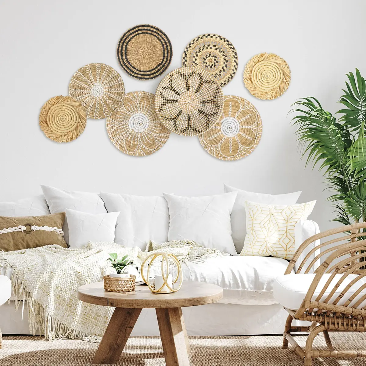 Xuhal 8 Pcs Boho Wall Basket Decor Set 17.8 cm - 32 cm | Hand-Woven Natural Aesthetic - view 3