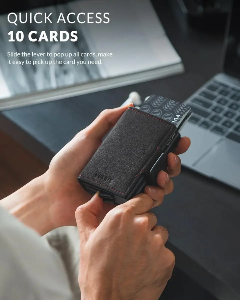 VULKIT Automatic Pop Up Double Card Holder RFID Blocking Leather Magnetic Wallet 14 Card Capacity (Dark Grey) - view 2