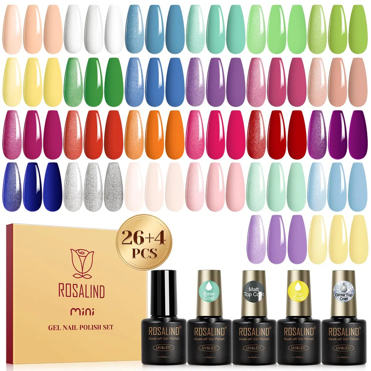 ROSALIND 30PCS Pastel Gel Nail Polish Set, 5ml (0.17 Fl Oz) Each | 26 Bright Neon Colors with Base & Glitter Top Coats - main product image