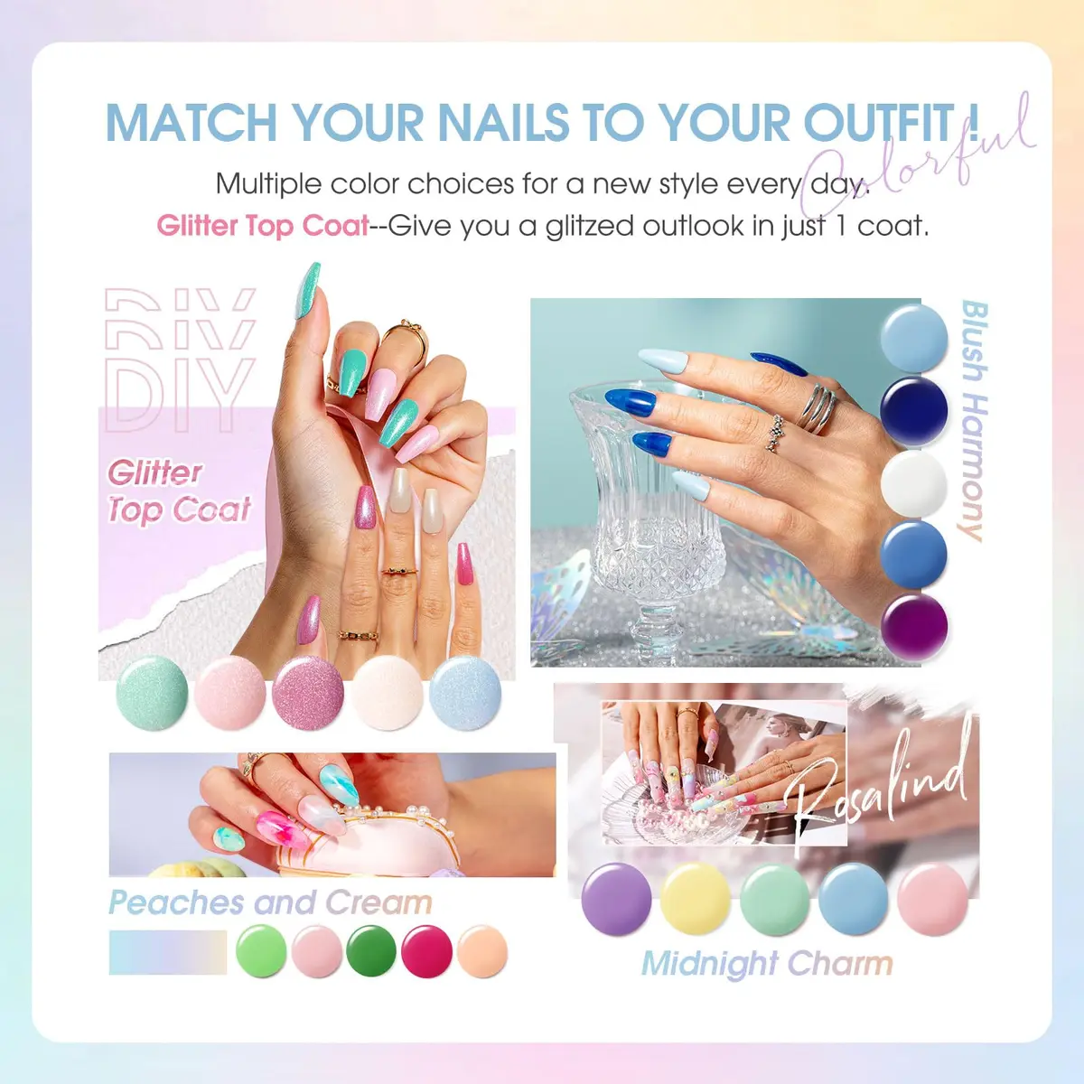 ROSALIND 30PCS Pastel Gel Nail Polish Set, 5ml (0.17 Fl Oz) Each | 26 Bright Neon Colors with Base & Glitter Top Coats - view 5