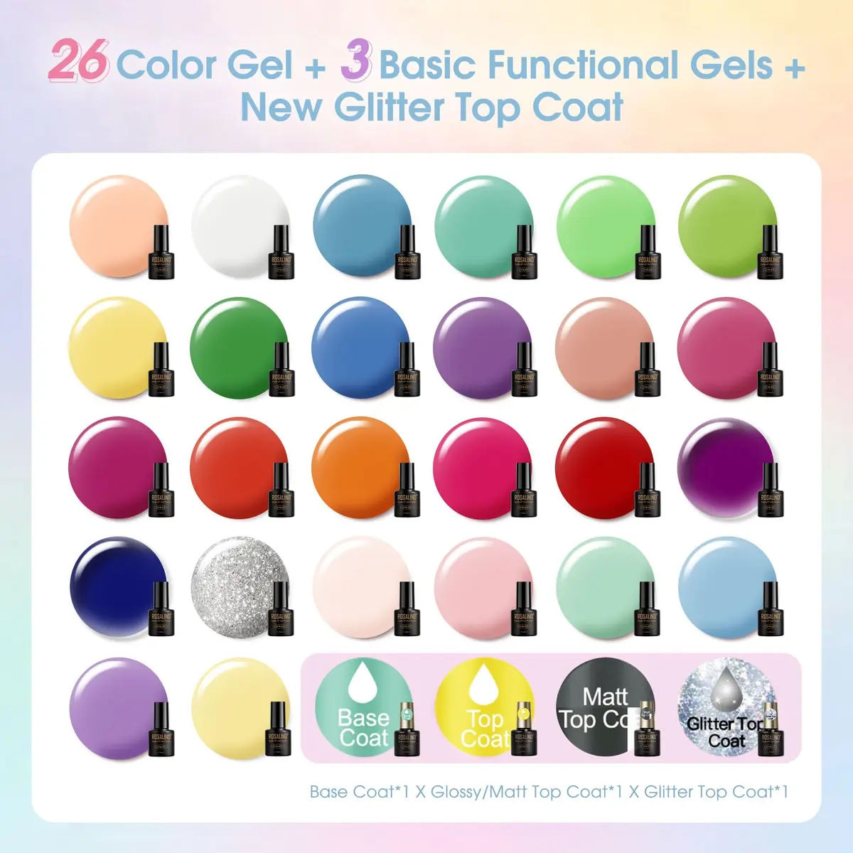 ROSALIND 30PCS Pastel Gel Nail Polish Set, 5ml (0.17 Fl Oz) Each | 26 Bright Neon Colors with Base & Glitter Top Coats - view 2