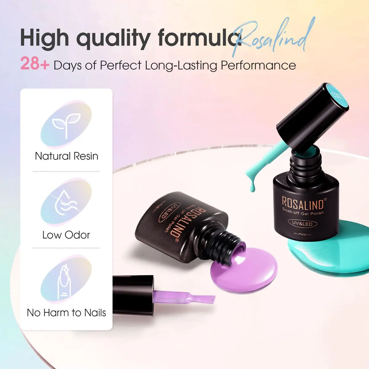 ROSALIND 30PCS Pastel Gel Nail Polish Set, 5ml (0.17 Fl Oz) Each | 26 Bright Neon Colors with Base & Glitter Top Coats - view 4