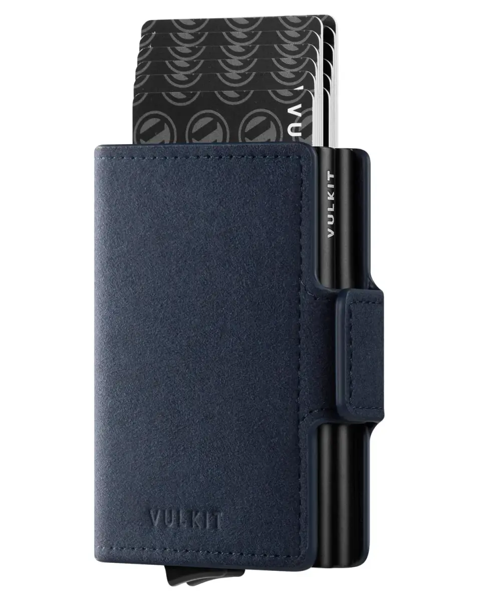 VULKIT Alcantara Navy Automatic Pop Up Double Card Holder RFID Blocking Leather Magnetic Wallet - main product image