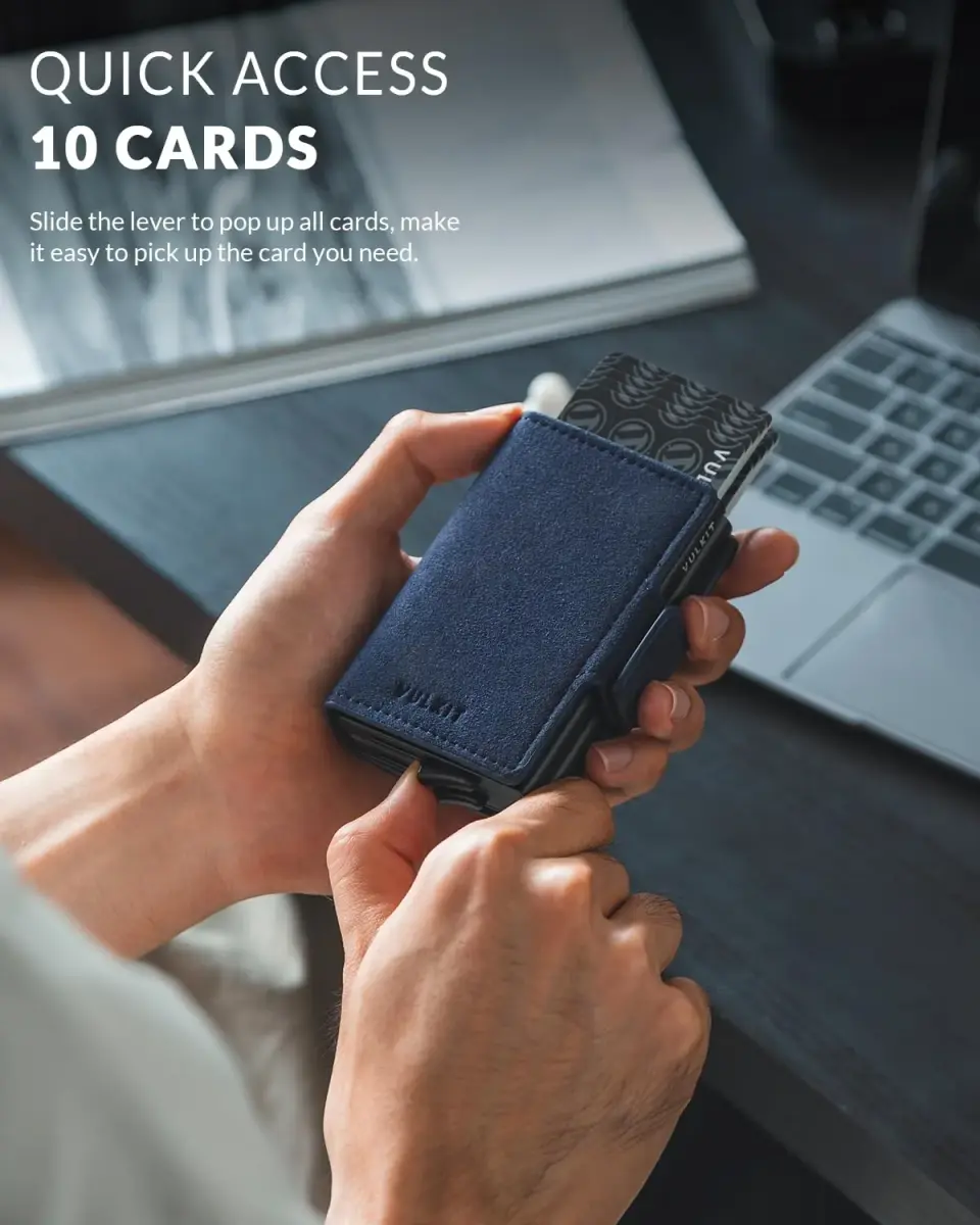 VULKIT Alcantara Navy Automatic Pop Up Double Card Holder RFID Blocking Leather Magnetic Wallet - view 2