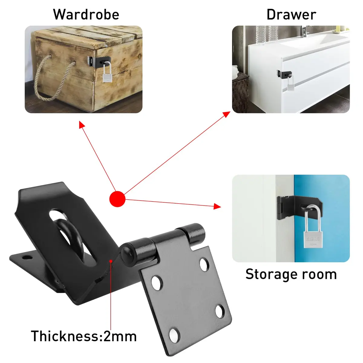 HOWDIA 90 Degree Hasp Latch 6.3cm (2.48 Inch) | Stainless Steel Black Safety Lock for Doors - view 3