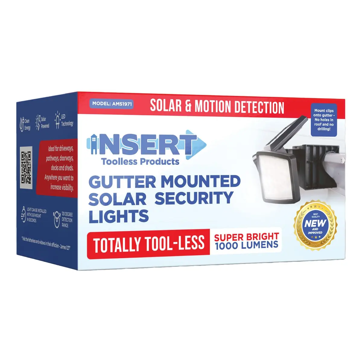 INSERT TOOLLESS PRODUCTS Solar Security Light 1,000 Lumens | Tool-Free Gutter Mount, Motion-Activated, Black - view 8