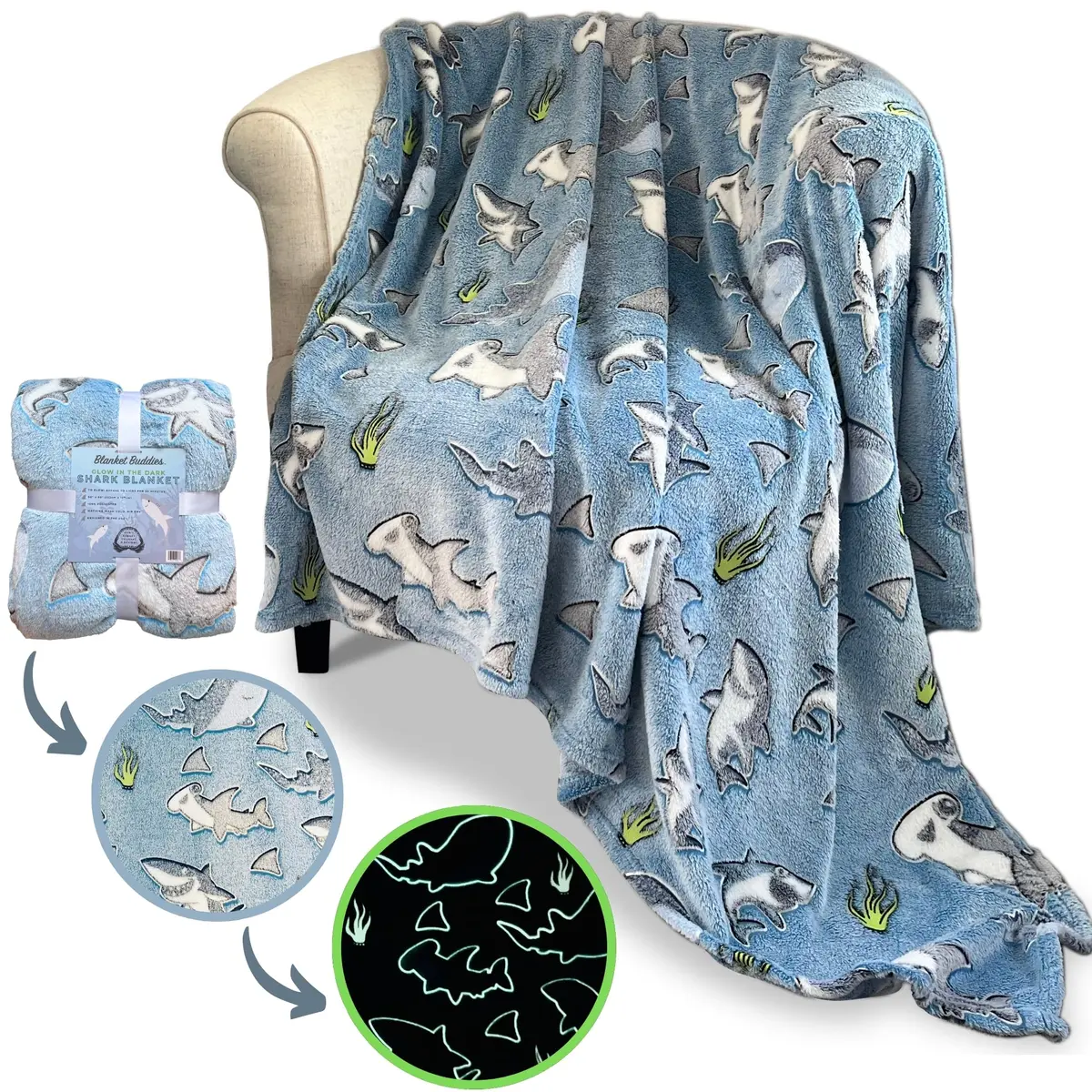 Blanket Buddies Glow in The Dark Shark Fleece Throw Blanket 127cm x 152cm (50" x 60") | Soft, Lightweight, Warm for Boys & Girls - main product image