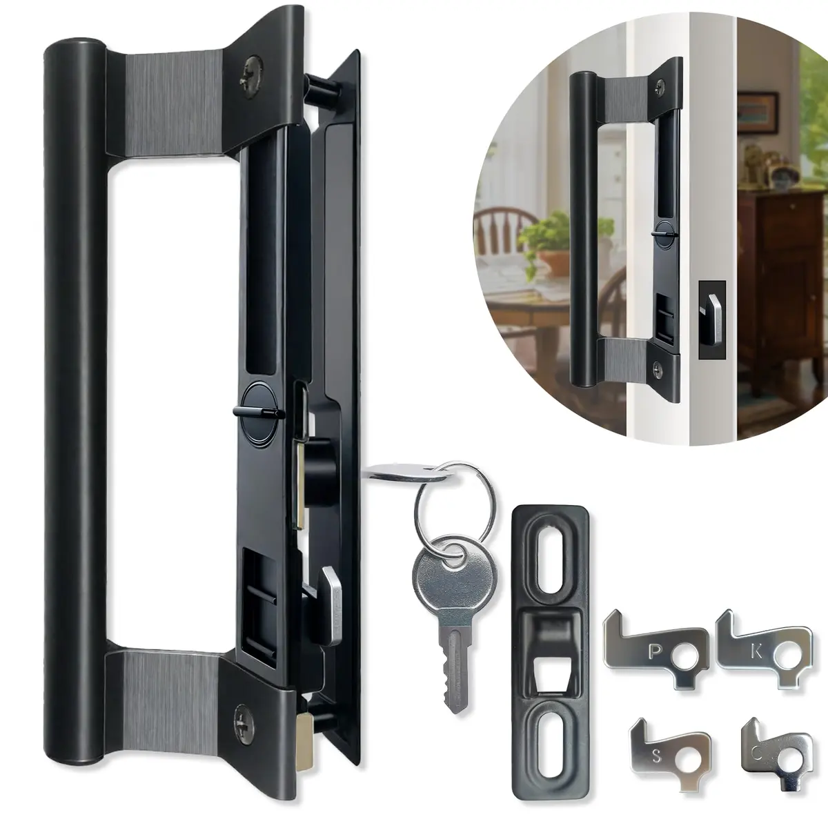 Young Dance Sliding Glass Door Handle Set with Lock | Easy Install, Black, Fits 1-1/8" Door - main product image