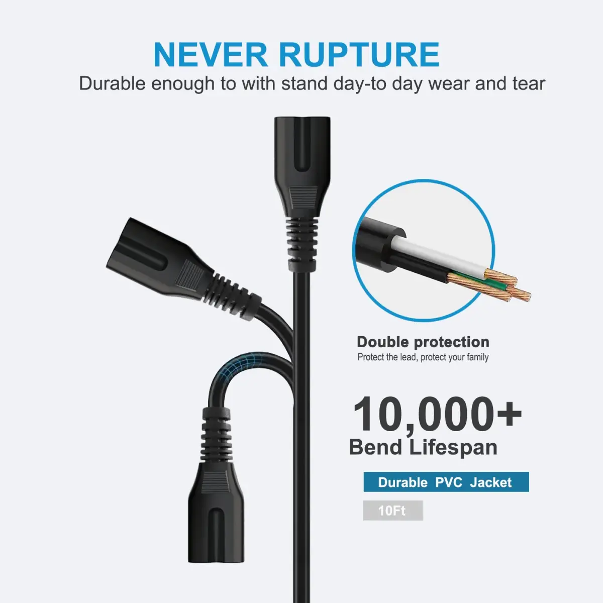 YCWZZH 10ft (3.05m) 2-Slot Power Cord Cable | IEC C7 to NEMA 1-15P - view 4