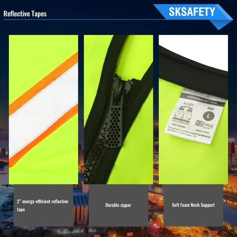 SKSAFETY Class 2 High Visibility Safety Vest with Zipper, ANSI/ISEA Standard, Lime, X-Large (326 g) - view 4