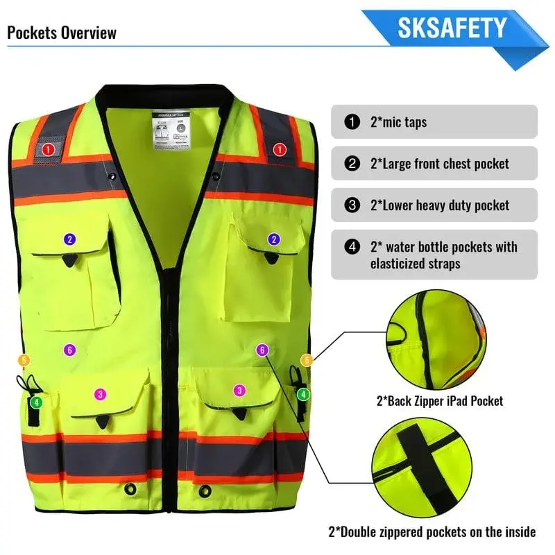 SKSAFETY Class 2 High Visibility Safety Vest with Zipper, ANSI/ISEA Standard, 11.8 oz (334 g) | Professional Level Protection for Construction & Roadwork - view 3
