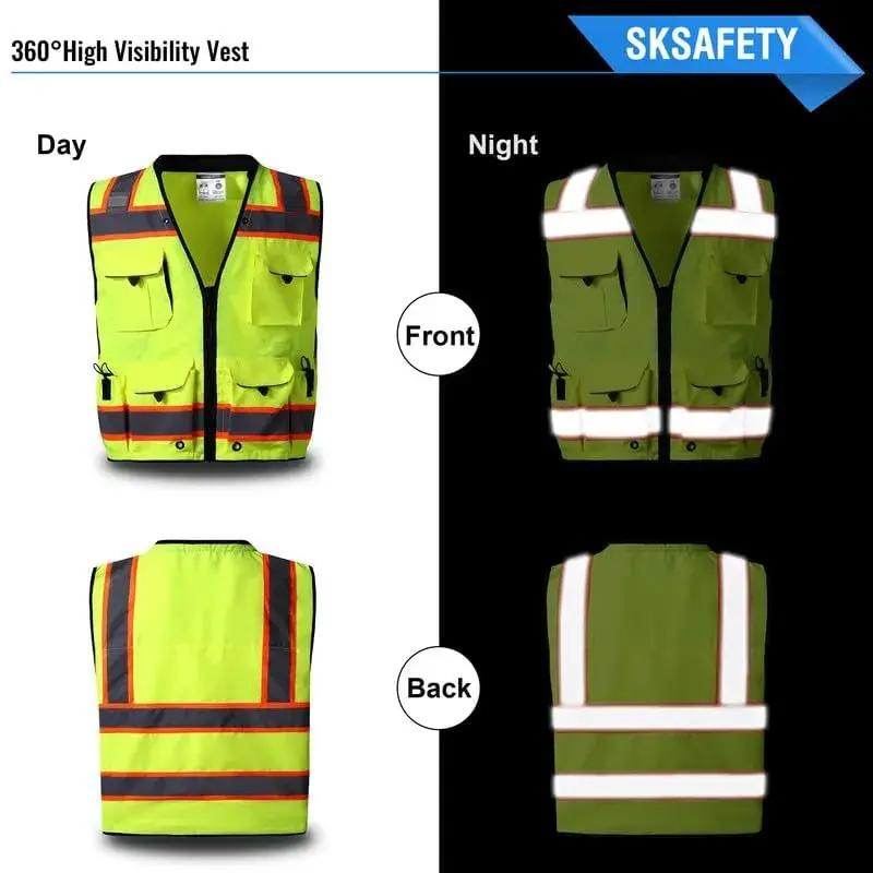 SKSAFETY Class 2 High Visibility Safety Vest with Zipper, ANSI/ISEA Standard, 11.8 oz (334 g) | Professional Level Protection for Construction & Roadwork - view 5