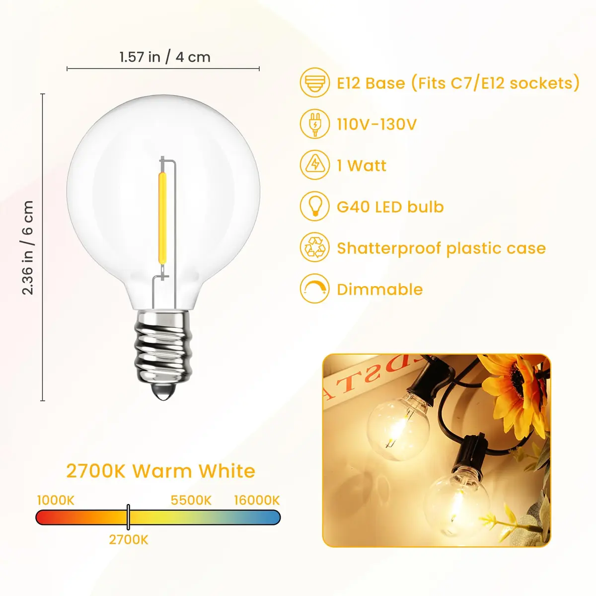 Svater G40 LED Replacement Bulbs 50 Pack E12 Base | Shatterproof 2700K Warm White - view 2