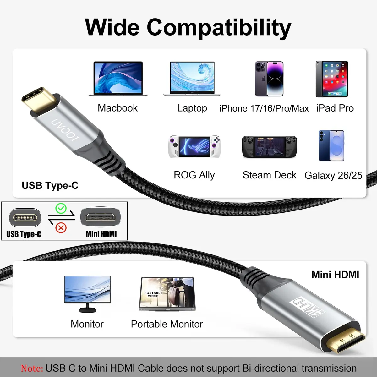 UVOOI USB C to Mini HDMI Cable 6FT (1.83m) | 4K@60Hz High Speed Video Cord - view 5