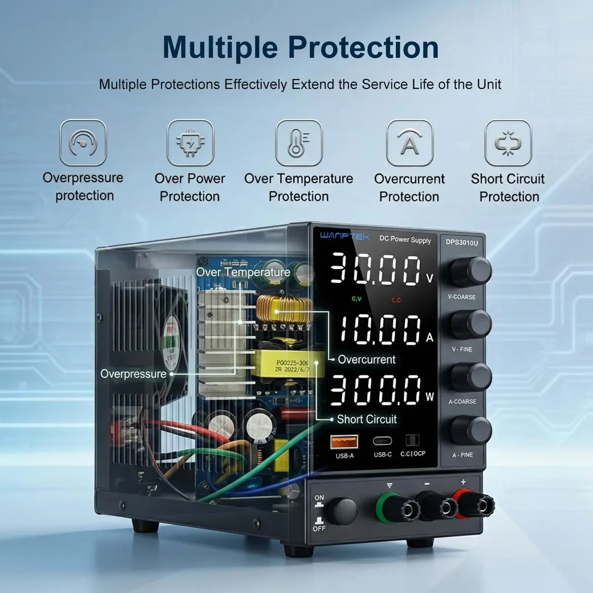 WANPTEK POWER DC Power Supply 0-30V 0-10A | Adjustable Bench Regulated Power Supply with USB & Type-C - view 6