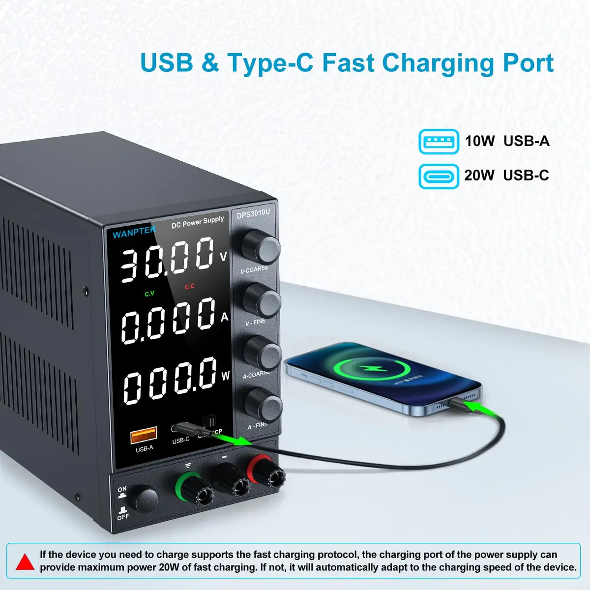 WANPTEK POWER DC Power Supply 0-30V 0-10A | Adjustable Bench Regulated Power Supply with USB & Type-C - view 4
