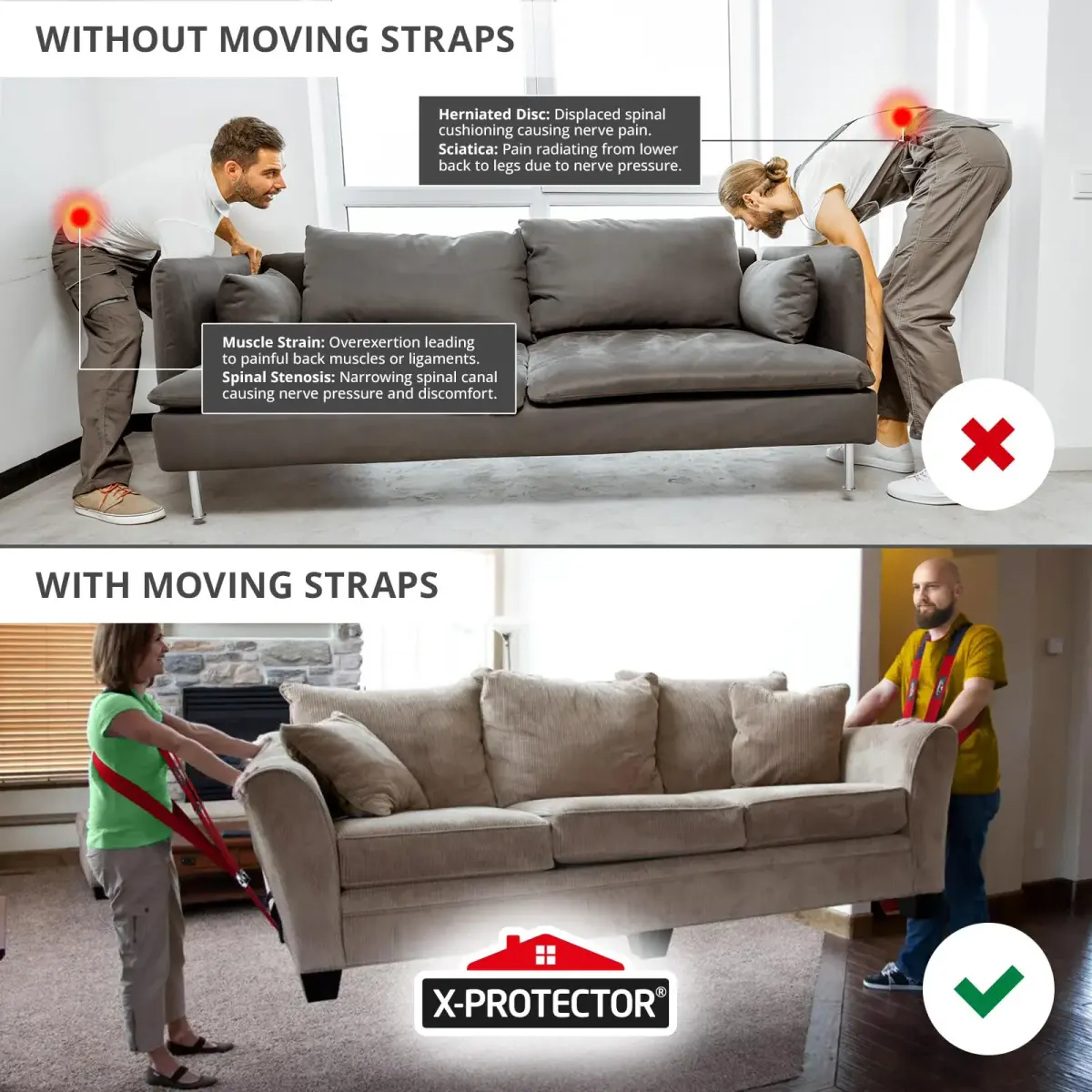 X-Protector Red Lifting Straps for 2 Movers - 2 Pairs (9.83 ft / 3 m) | Heavy Duty Moving Straps for Furniture & Appliances - view 2