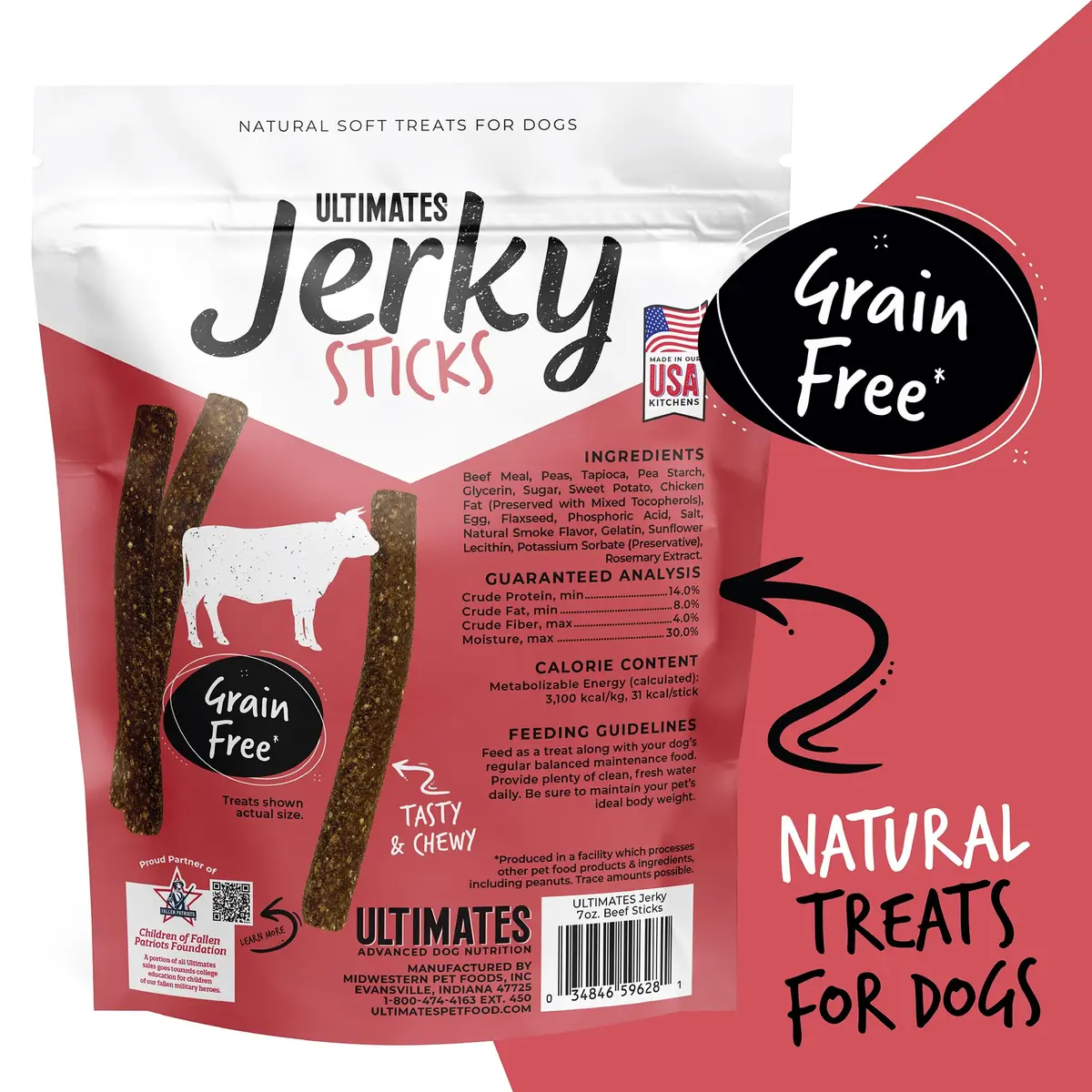 Ultimates Jerky Beef Sticks Dog Treats 7 oz | Grain-Free Chewy Jerky with Beef & Vegetables - view 2