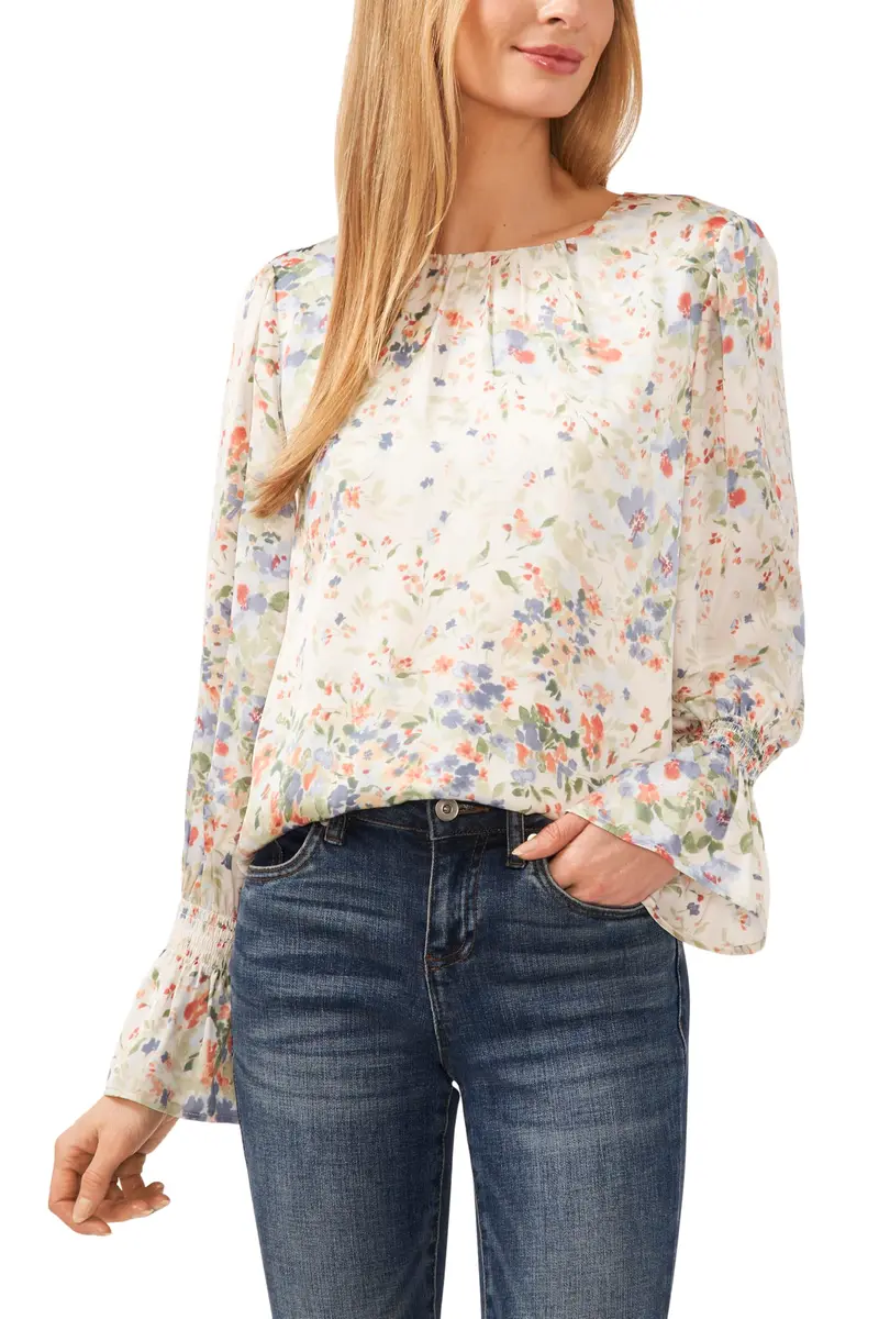 CeCe Long Sleeve Blouse | Crew Neck, Smocked Cuffs, Lightweight Polyester, Regular Fit (70-120c) - main product image