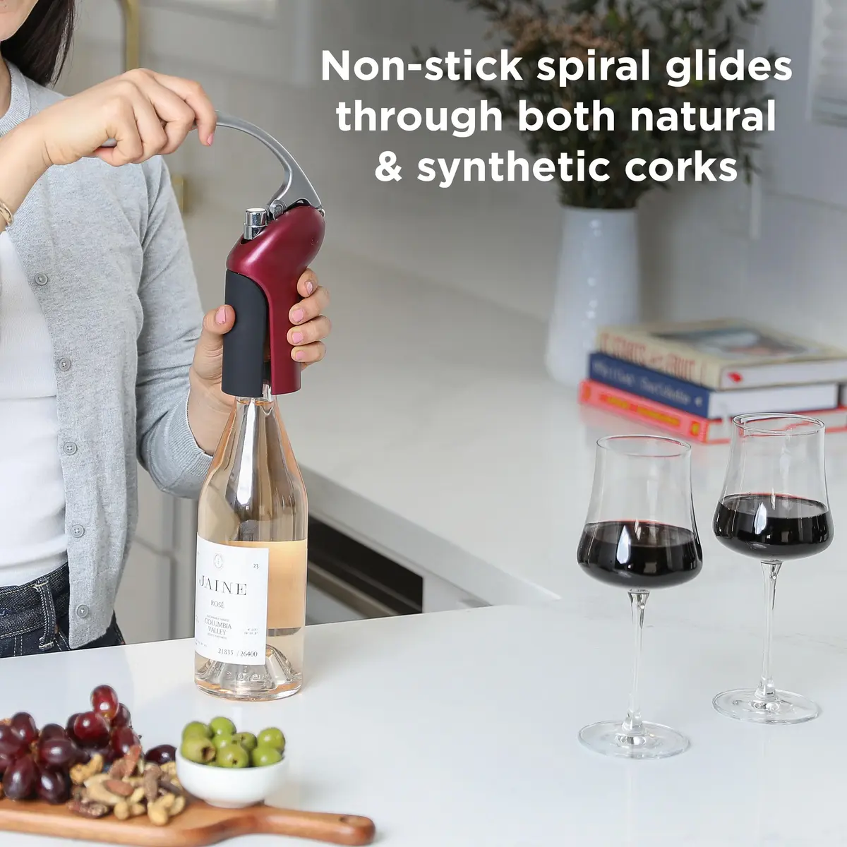 Rabbit Vertical Corkscrew Wine Opener with One-Pull Design, Foil Cutter Included, Easy to Use Manual Lever, Durable Stainless Steel Spiral, Merlot | Effortless Wine Opening - view 2