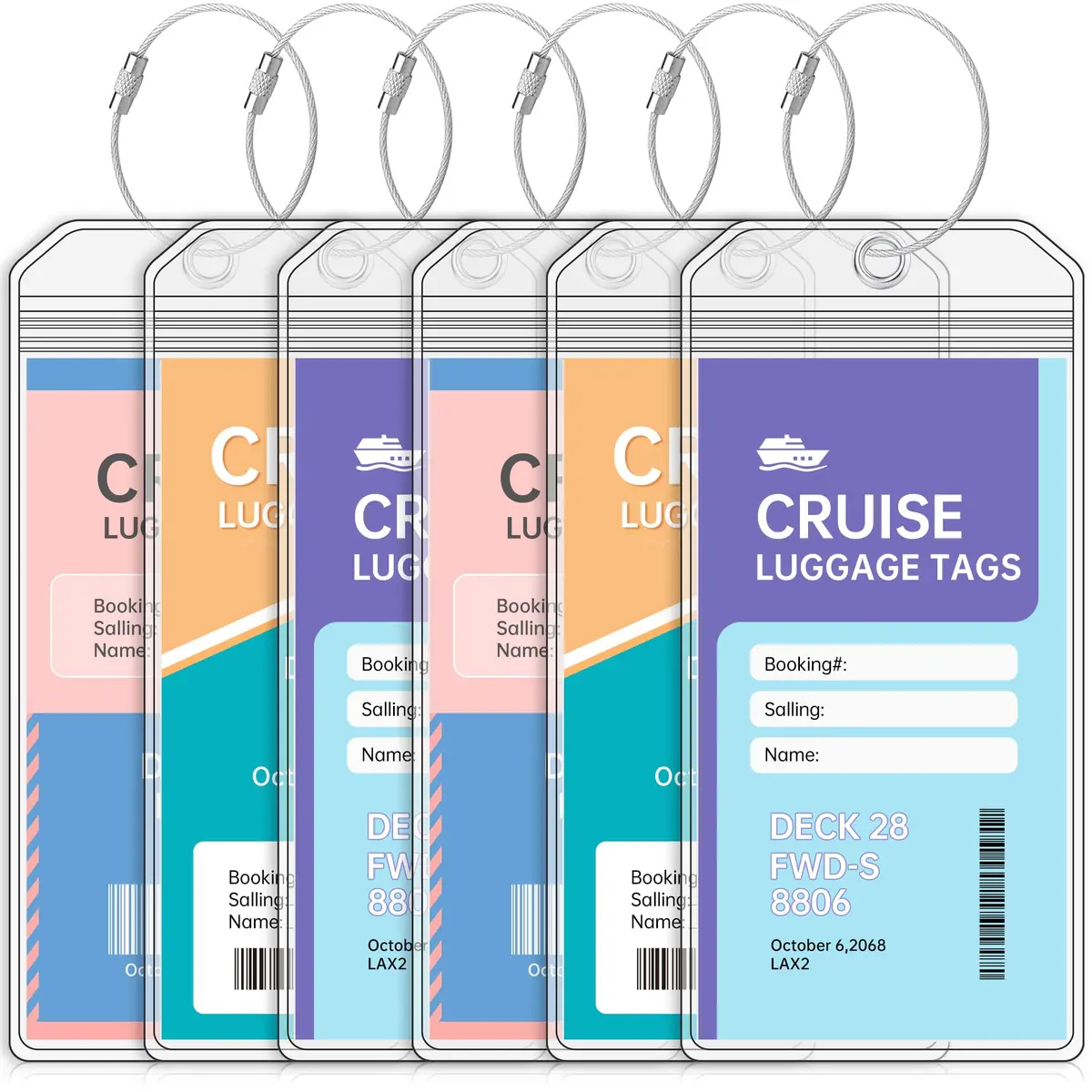 Teskyer Clear Cruise Luggage Tag Holder 6 Pack | Waterproof PVC with Zipper & Steel Loop for NCL, Princess, Carnival - main product image