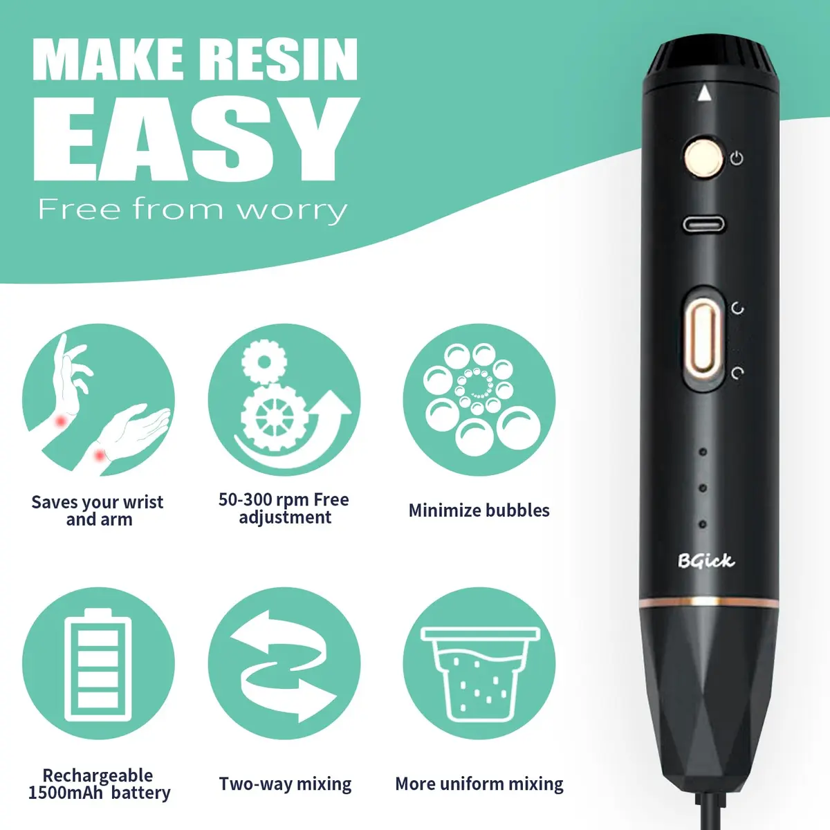 BGick Resin Mixer Handheld Rechargeable Epoxy Mixer Black | Minimize Bubbles & Save Wrist - view 2