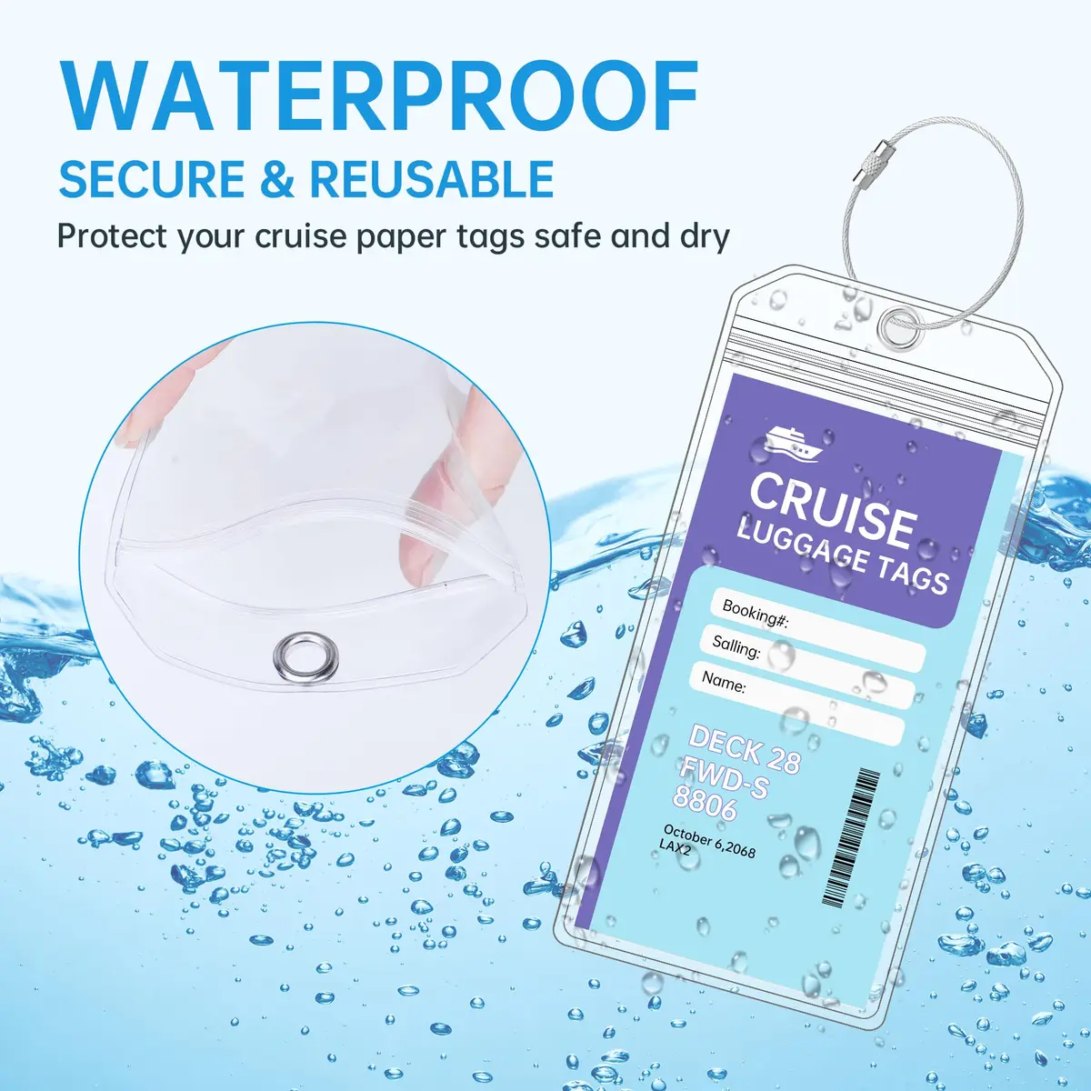 Teskyer Clear Cruise Luggage Tag Holder, Wide, 5 Pack | Waterproof PVC with Zipper & Steel Loop - view 5