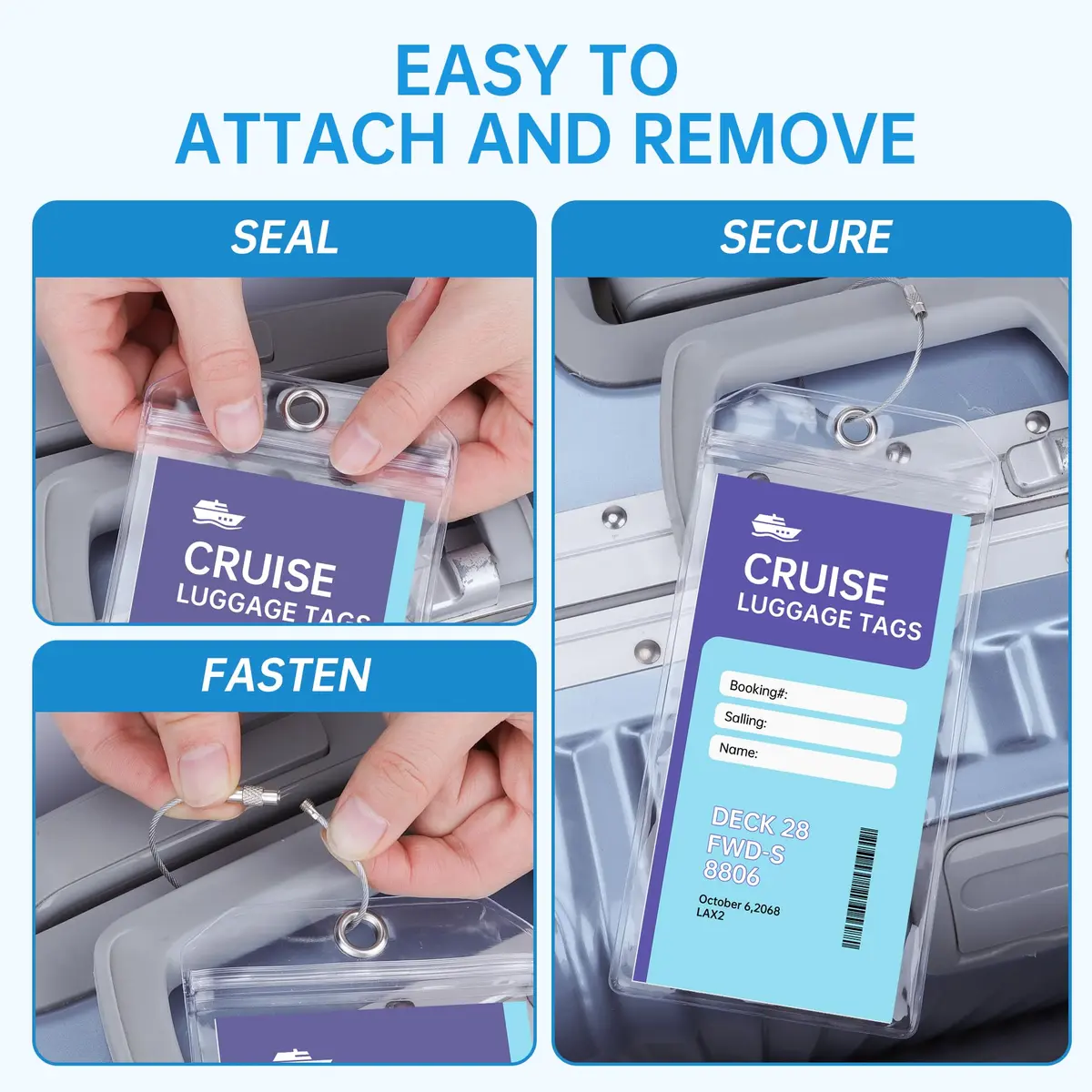 Teskyer Clear Cruise Luggage Tag Holder, Wide, 5 Pack | Waterproof PVC with Zipper & Steel Loop - view 2
