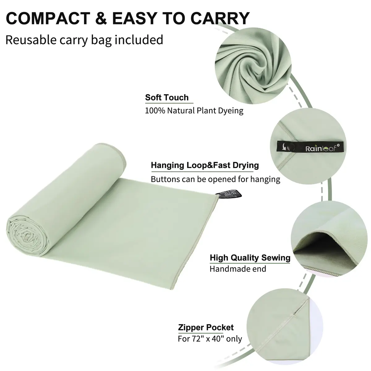Rainleaf Microfiber Towel 183cm x 76cm | Super Absorbent, Quick Dry, Lightweight, Bean Green - view 3