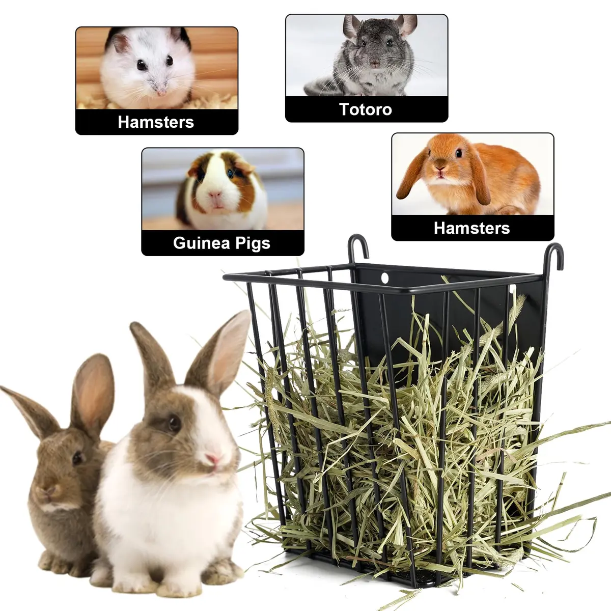 LUAVIARU Metal Hay Feeder Rack with Adjustable Hook for Rabbits, Guinea Pigs, Chinchillas (4-Pack, Black) - view 5