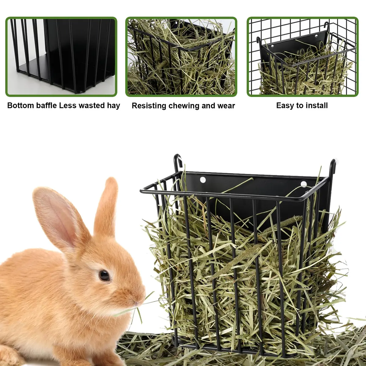 LUAVIARU Metal Hay Feeder Rack with Adjustable Hook for Rabbits, Guinea Pigs, Chinchillas (4-Pack, Black) - view 3