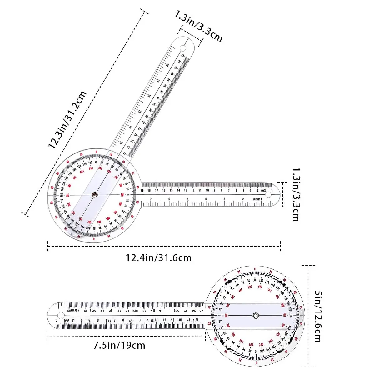 HZMM 12-inch Transparent Orthopedic Angle Ruler Plastic Goniometer | Physical Therapy Measuring Tool - view 4