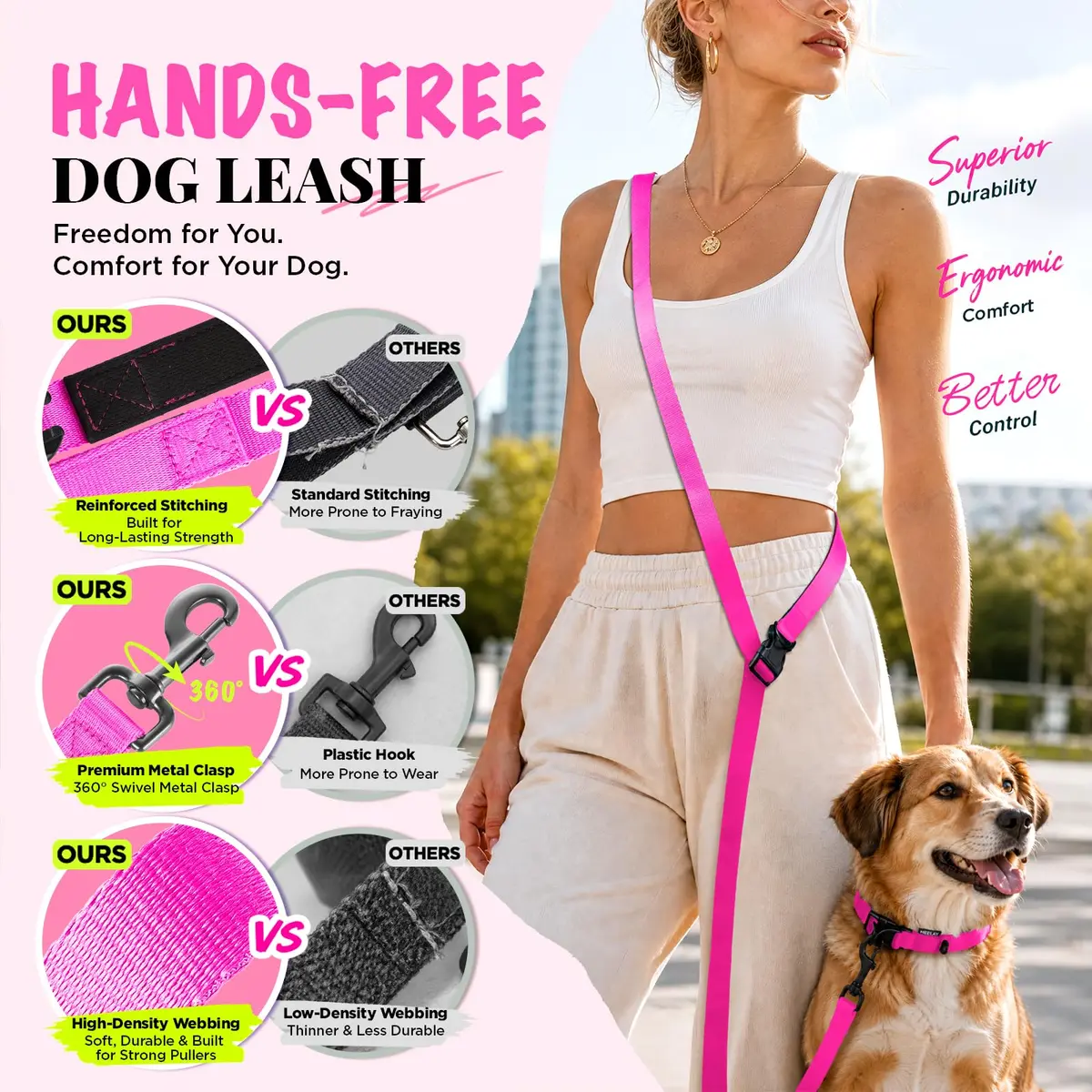 Heelay Hands Free Dog Leash 2.5m (8.2ft) Multifunctional Crossbody Rope with Foam Handle, Pink | Adjustable Training Leash for Medium-Large Dogs - view 5