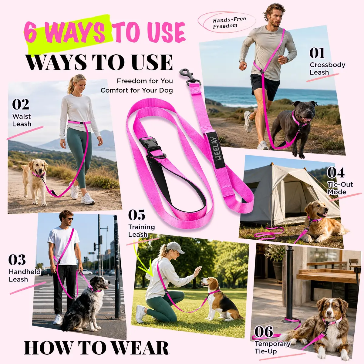 Heelay Hands Free Dog Leash 2.5m (8.2ft) Multifunctional Crossbody Rope with Foam Handle, Pink | Adjustable Training Leash for Medium-Large Dogs - view 6